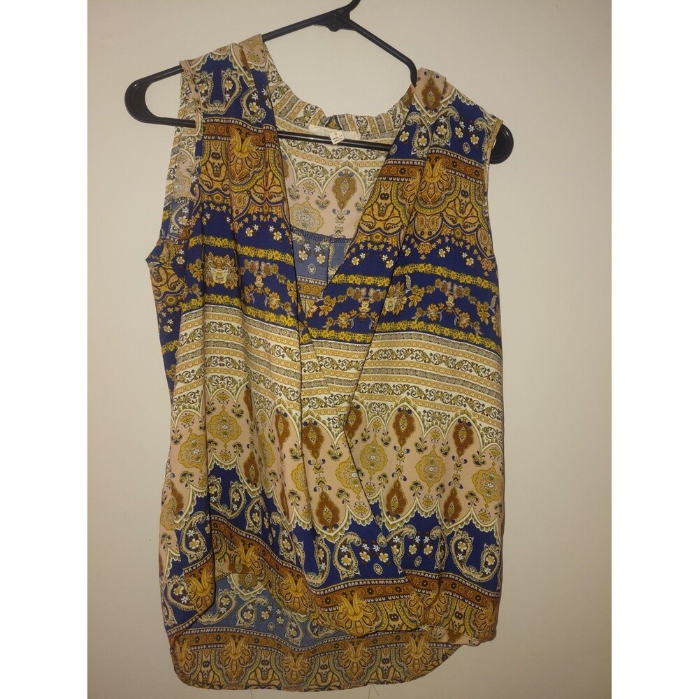 Pink Rose Womens Size Large Gold And Navy Paisley Blouse Sleeveless